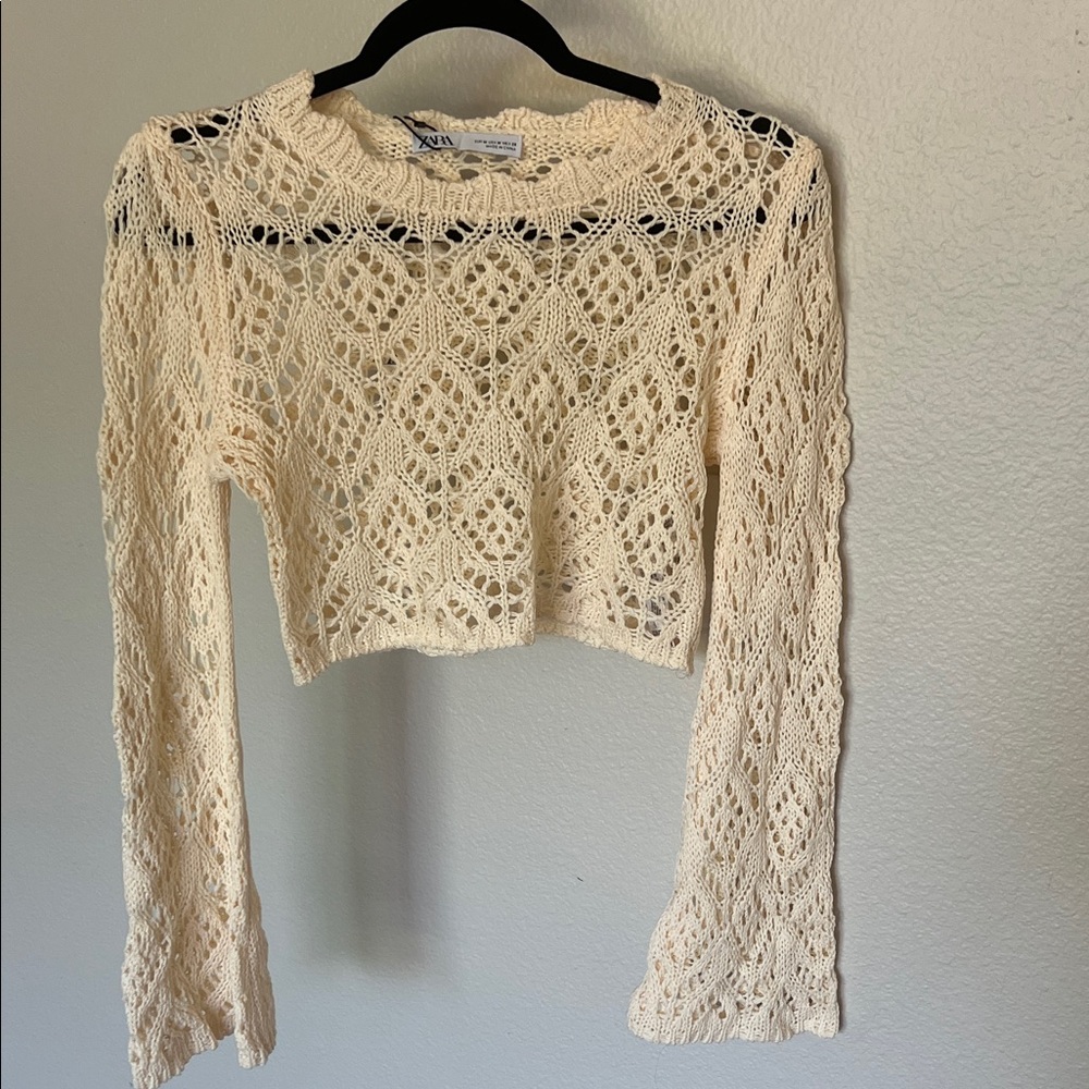 Cream Crochet Long Sleeve Crop Top
